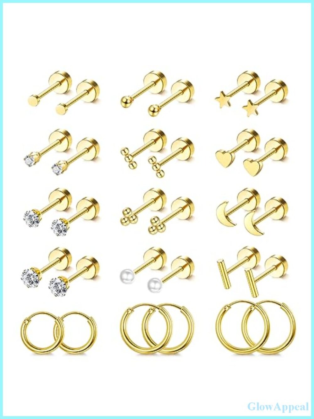 Hypoallergenic Flat Back Stud Earrings Set - 14K Gold Plated Surgical Steel -
